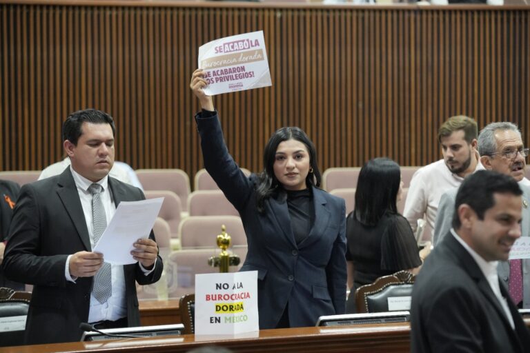 Diputada muestra pancarta a favor de eliminar órganos autónomos.