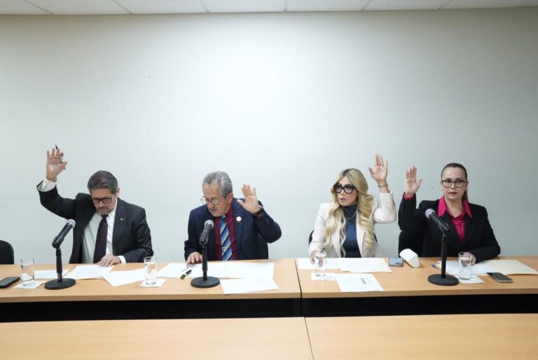 Integrantes de la Comisión votan a favor levantando uno de sus brazos.