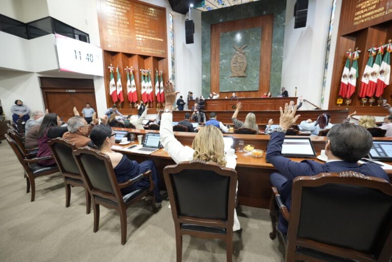 Toma de espaldas a diputadas y diputados en el momento en que votan levantando sus manos desde sus asientos.