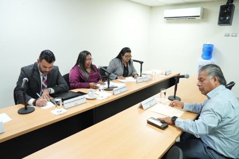 En reunión de trabajo tres integrantes de Comisión dialogan con invitado.