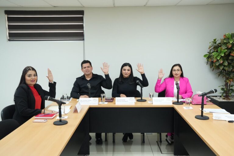 Cuatro integrantes de la Comisión votan levantando sus brazos.
