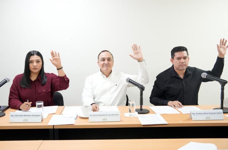 Dos diputados y una diputada votan levantando sus manos en sus asientos.