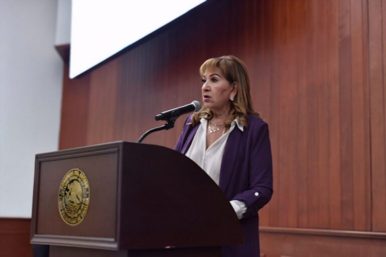 Diputada María Tersa Guerra Ochoa, de pie, habla en podium.