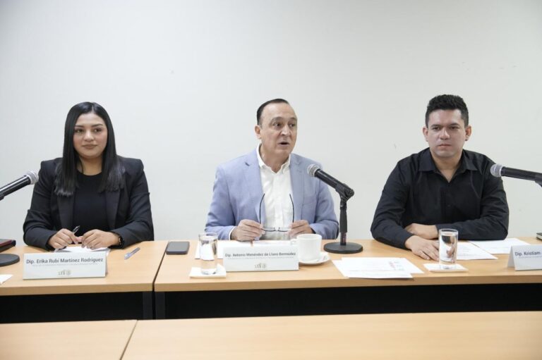 Tres integrantes de la comisión están sentados frente a micrófonos.