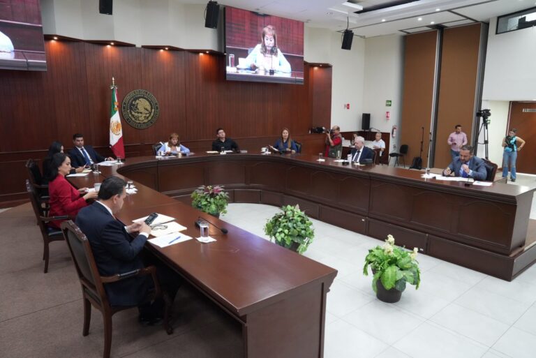 Vista lateral de la mesa donde se sientan integrantes de la Diputación Permanente.