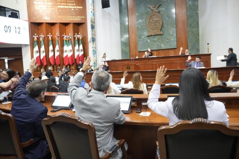 Diputadas y diputados votan levantando sus manos desde sus asientos.