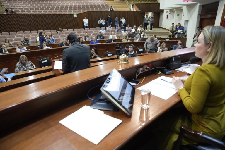Presidenta de la Mesa Directiva observa desde lo alto de su mesa a compañeras y compañeros.
