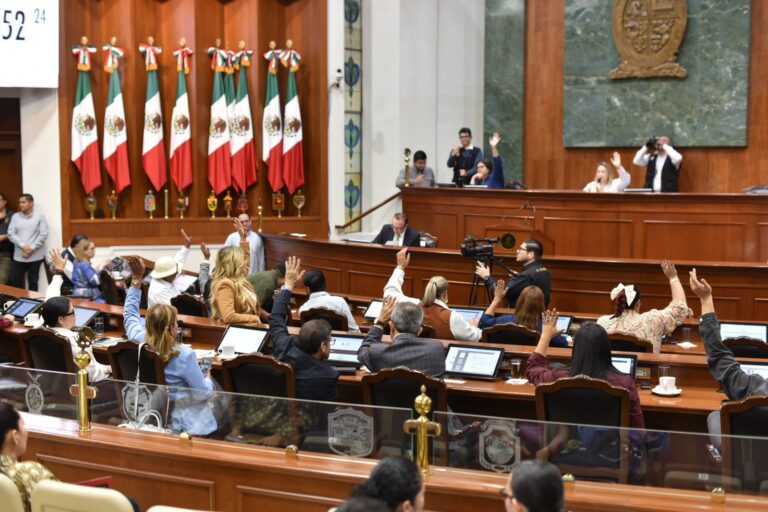 Diputadas y diputados votan levantando sus manos desde sus asientos.