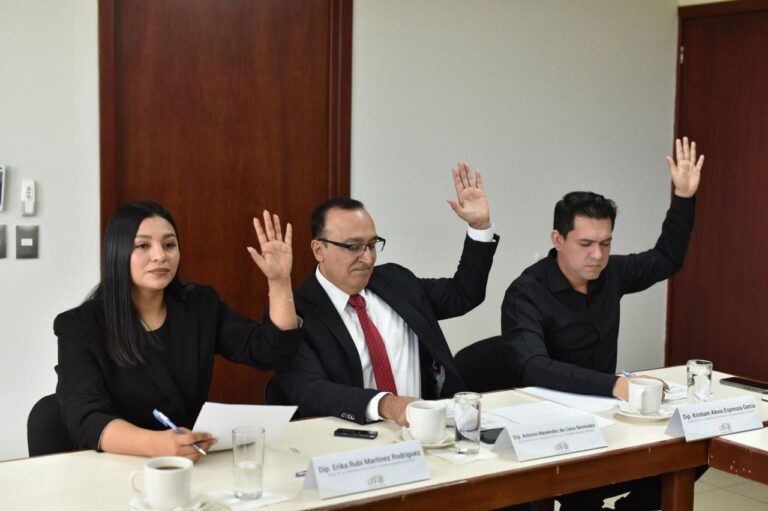 Dos diputados y una diputada votan levantando sus manos.