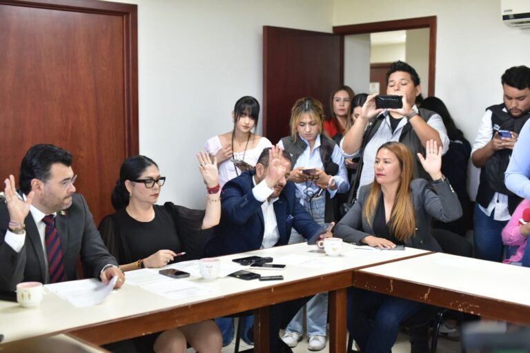 Diputadas y diputados de Comisión votan levantando su mano ante periodistas de diversos medios.