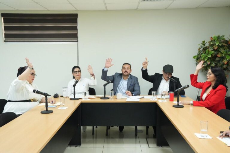 Cinco integrantes de la Comisión de Ecología votan, sentados, levantando su mano en Sala Adjunta al Pleno.