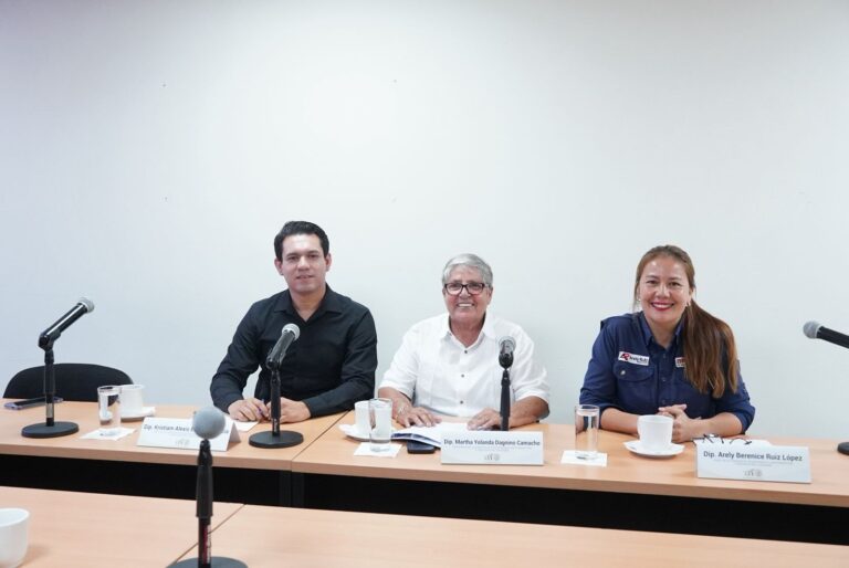Tres integrantes de la Comisión sesionan en pequeña sala.