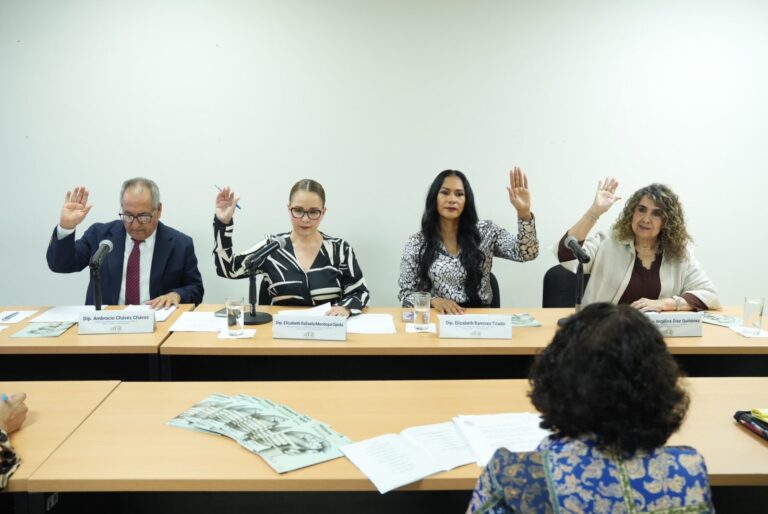 Integrantes de la Comisión levantan sus manos para votar a favor.