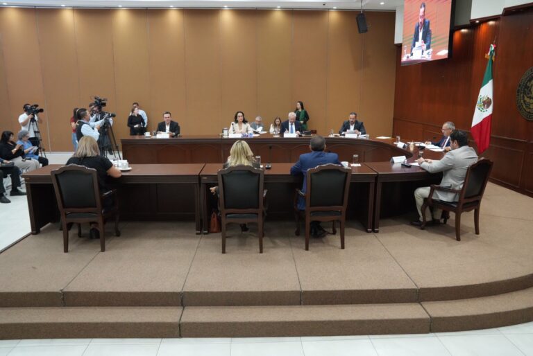 Toma fotográfica de lado de la mesa donde están sentados diputados y diputadas.