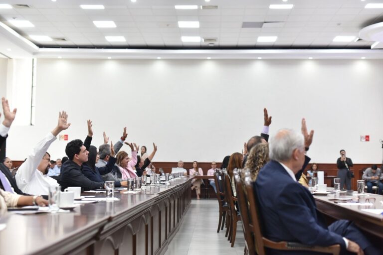 Diputadas y diputados sentadas en largas hileras votan levantando sus manos.