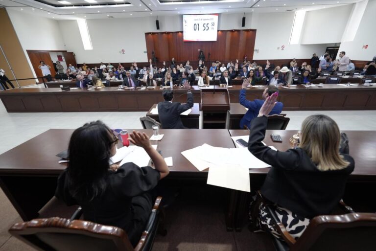 Integrantes de Mesa Directiva, de espaldas, votan levantando sus manos. Al fondo sus compañeras y compañeros hacen lo propio.
