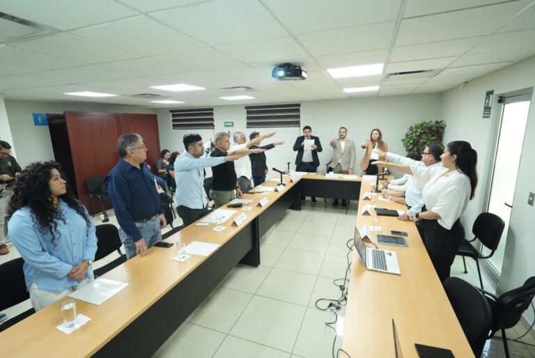 Integrantes del Comité extienden sus brazos para rendir protesta.