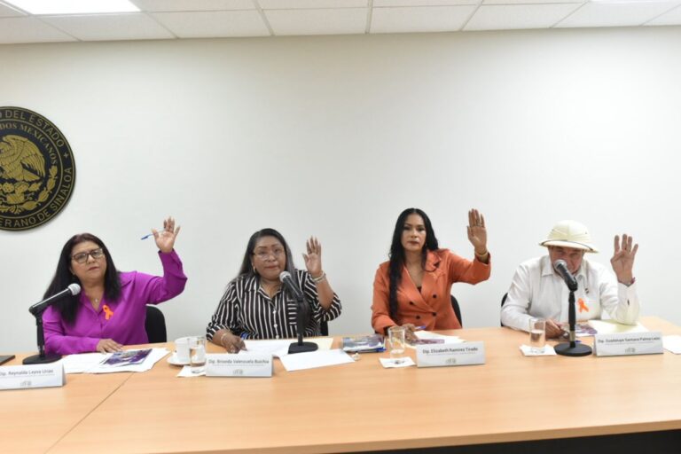 Tres diputadas y un diputado de la comisión votan levantando sus manos.