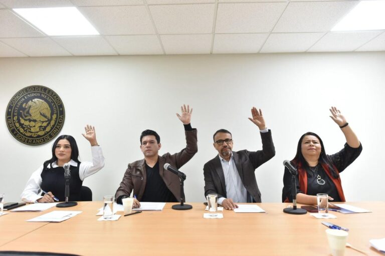 Cuatro integrantes de la Comisión votan levantando sus manos.
