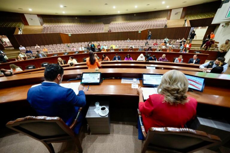 Fotografía tomada desde espaldas de diputadas y diputados de Mesa Directiva, y al fondo el resto de legisladores y público asistente.