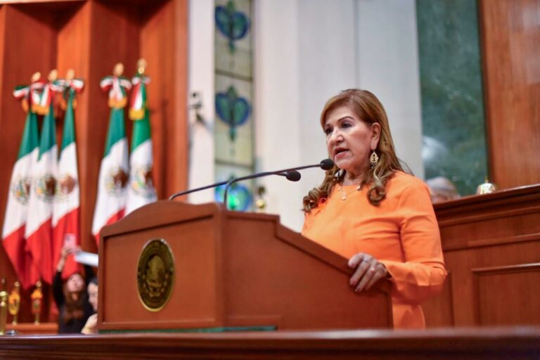 Vestida de color naranja, la diputada Tere Guerra, habla en tribuna.