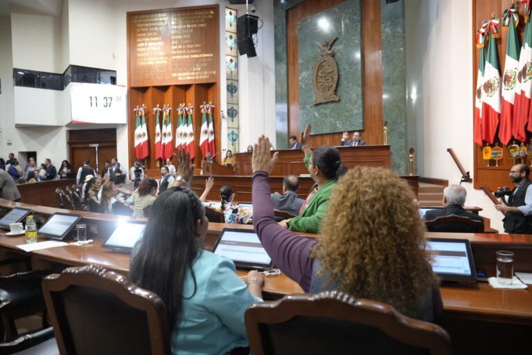 En primer plano diputadas votan desde sus sillas levantando sus manos, al igual que el resto de sus compañeros.
