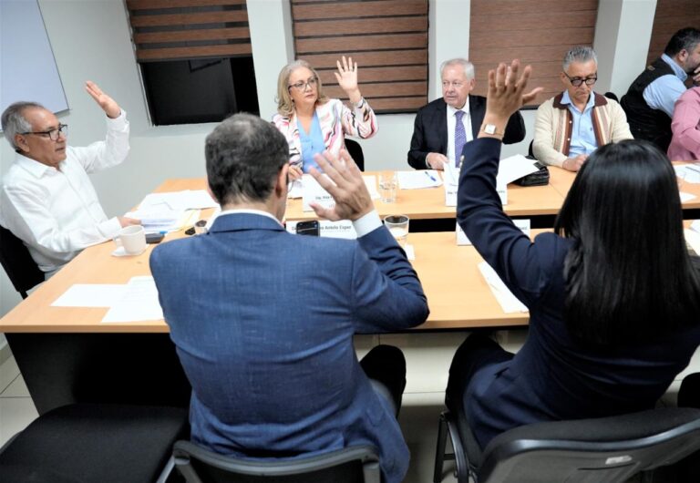 Integrantes de la Comisión votan levantando sus manos.
