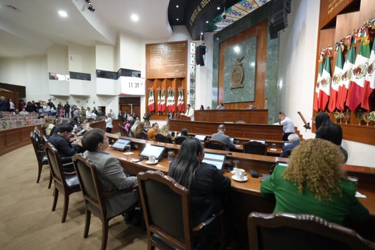 Diputadas y diputados aparecen de espaldas. Al fondo la Mesa directiva.