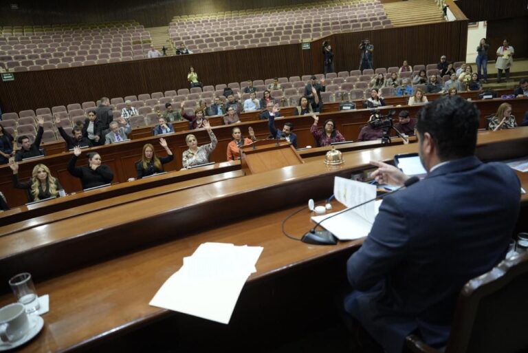 Desde lo alto de Mesa Directiva se observa a diputadas y diputados votar levantando sus manos.