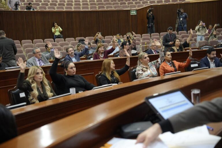 En primer plano diputadas y diputadas votando Al fondo pocas personas en el auditorio.
