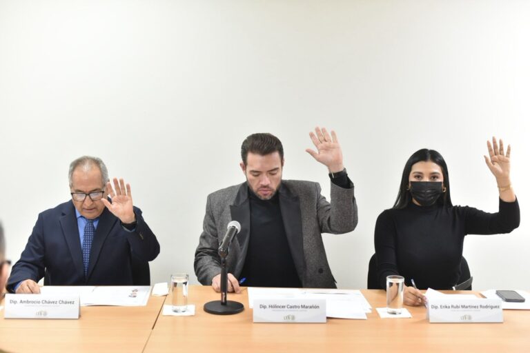 Dos diputados y una diputada de la comisión votan levantando sus manos.