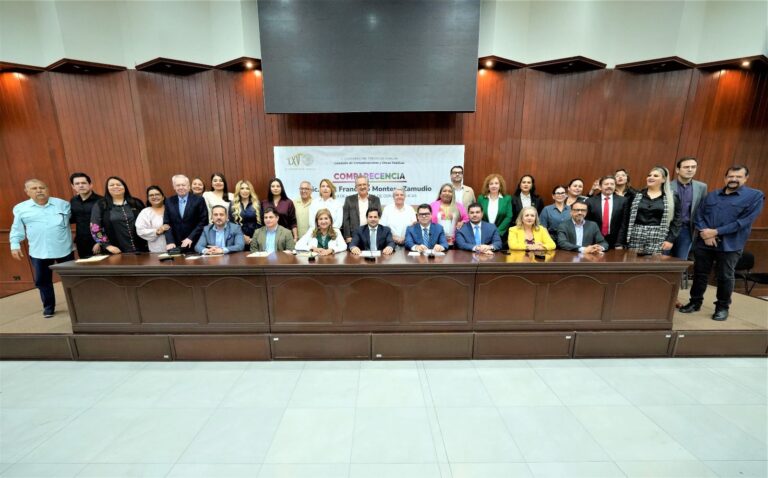 Después de la comparecencia, diputadas y diputados posan para la foto grupal con el secretario compareciente.