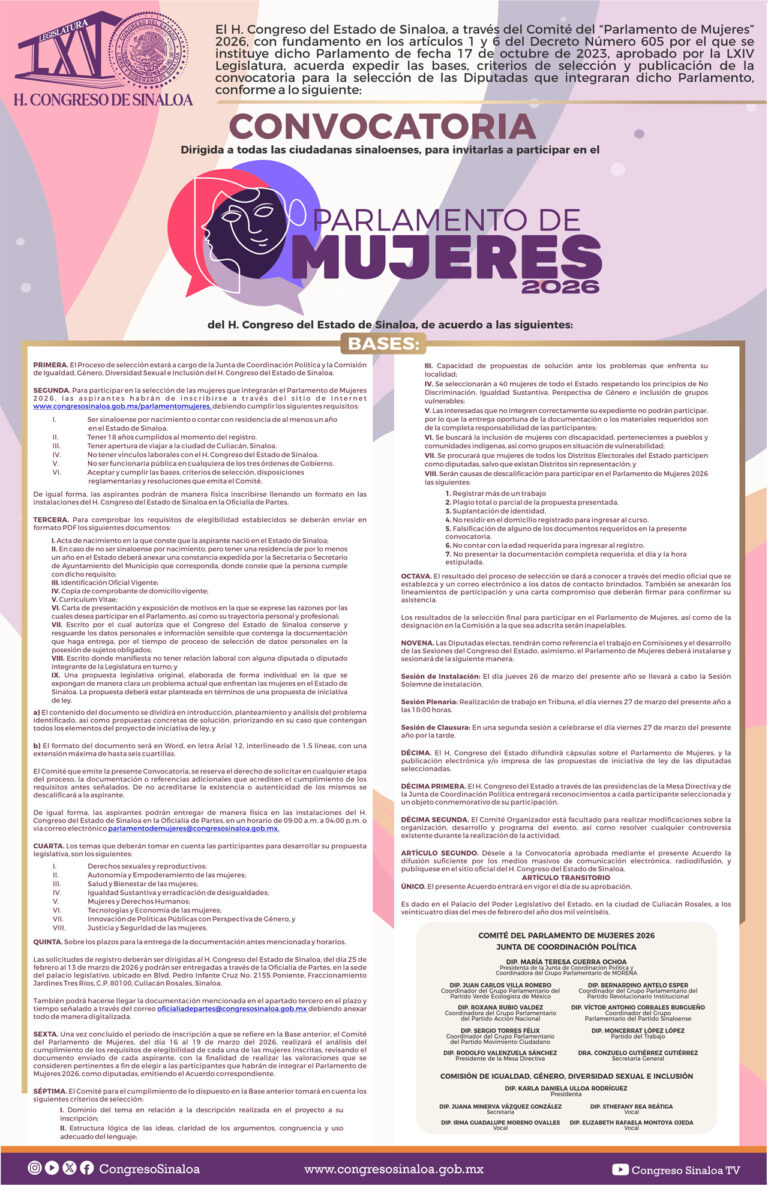 Convocatoria del Parlamento de Mujeres 2026.