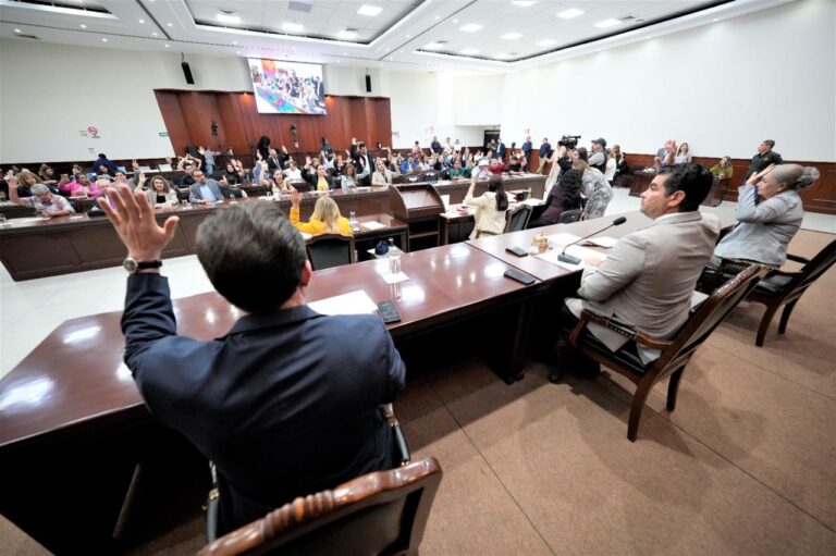 Diputadas y diputados votan levantando sus manos desde sus asientos.