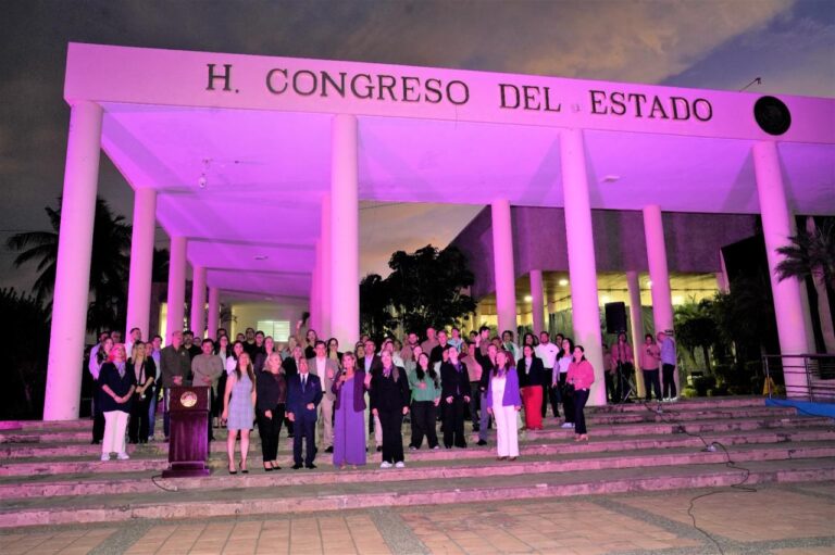 Diputadas y diputados posan para la foto en las escalinatas del edificio del Congreso que es iluminado con color morado.