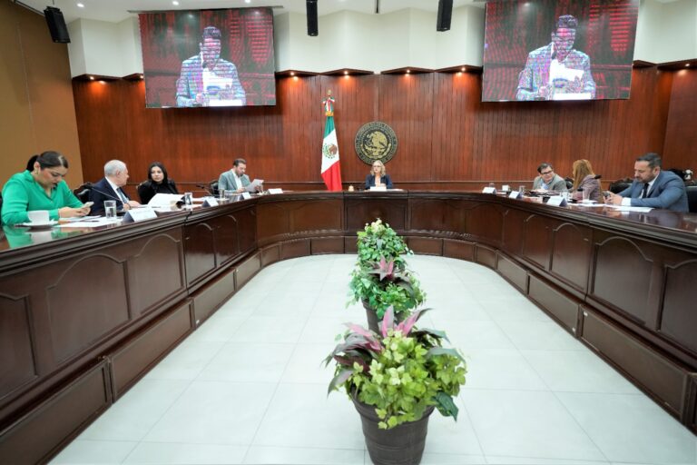 En mesa tipo herradura aparecen integrantes de Diputación Permanente durante sesión.