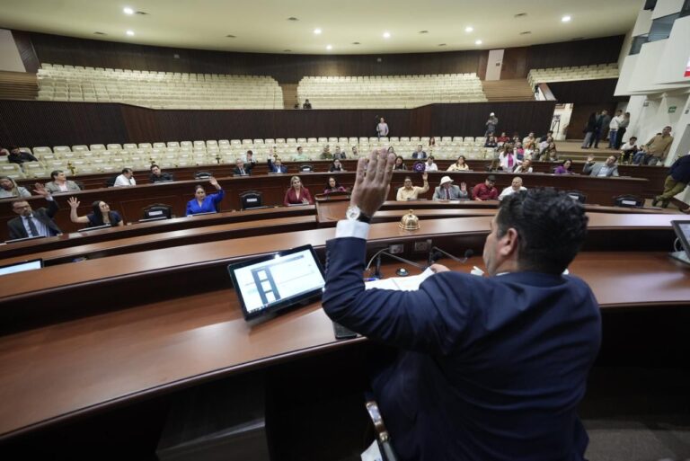 Presidente de Mesa Directiva vota levantando su mano. Sus compañeros y compañeros hacen lo mismo.