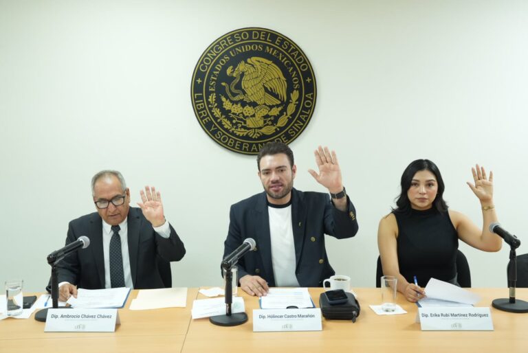 Dos diputados y una diputada de la comisión votan levantando sus manos.