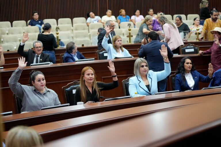 Grupo de diputadas, sentadas en sus lugares, votan levantando sus manos.