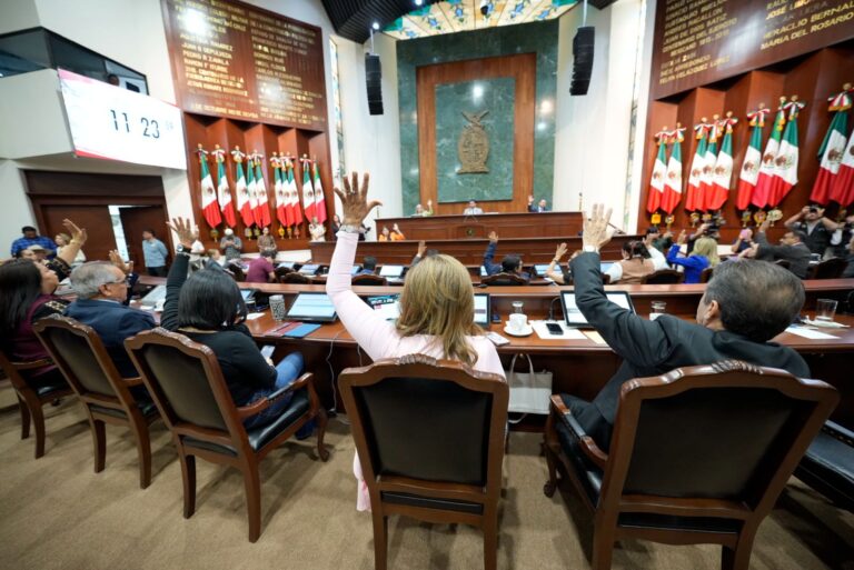 Diputadas y diputaqos votan levantando sus manos desde sus asientos.