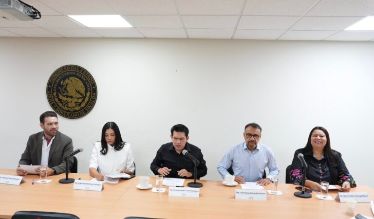 Cinco integrantes de la comisión revisan las iniciativas que les fueron turnadas.