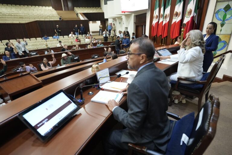 Diputados y di0putadas levantan las manos desde sus lugares.