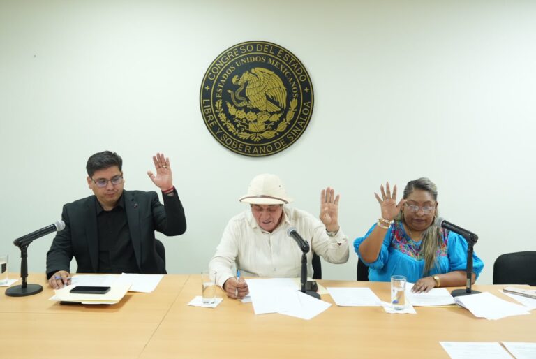 Tres integrantes de la Comisión aprueban dictamen levantando sus manos.