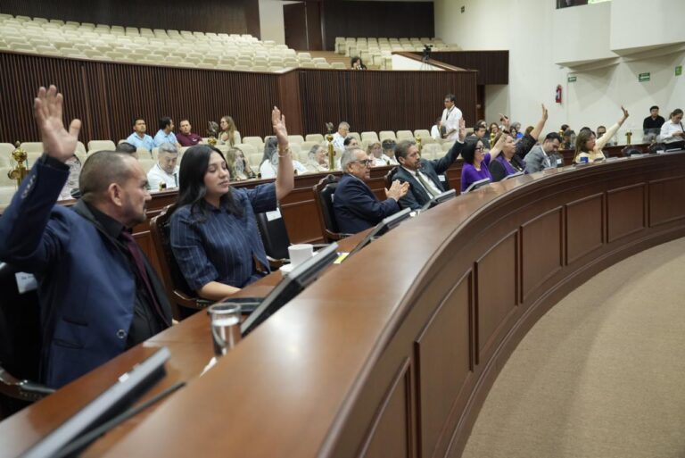 Diputadas y diputados aparecen levantando sus manos desde sus asientos.