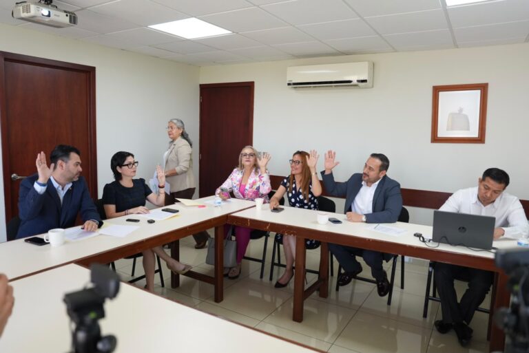 Dos diputas y tres diputados de la comisión alzan la mano durante votación.