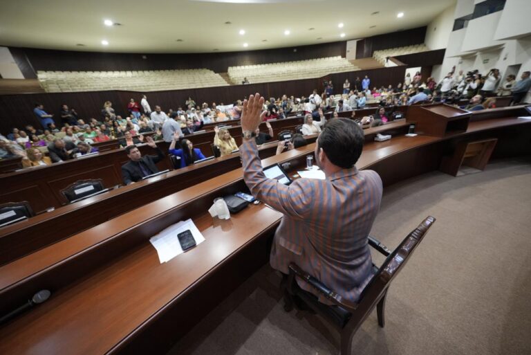 Diputadas y diputados levantan sus manos desde sus asientos.