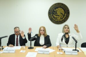 Tres integrantes de la comisión votan a favor levantando sus manos.
