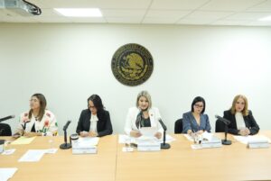 Integrantes de comisión revisan documentación en reunión de trabajo.