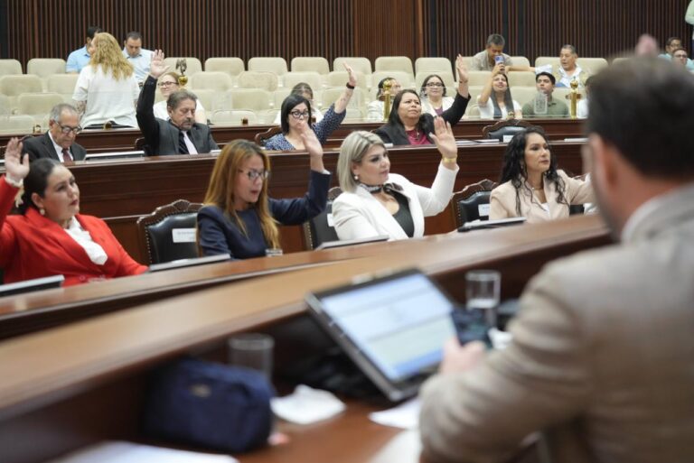 Hilera de diputadas sentadas que votan levantando sus manos.