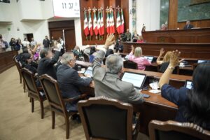Diputados votan, desde sus asientos, levantando sus manos.